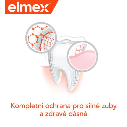Ilustrace zubu zvýrazňující ochranu skloviny a dásní.