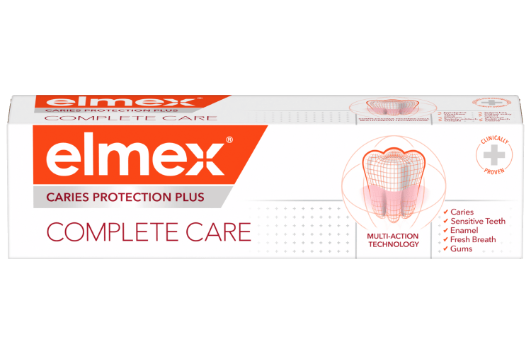 Balíček zubní pasty elmex s ochranou proti zubnímu kazu a komplexní péčí o ústní hygienu.