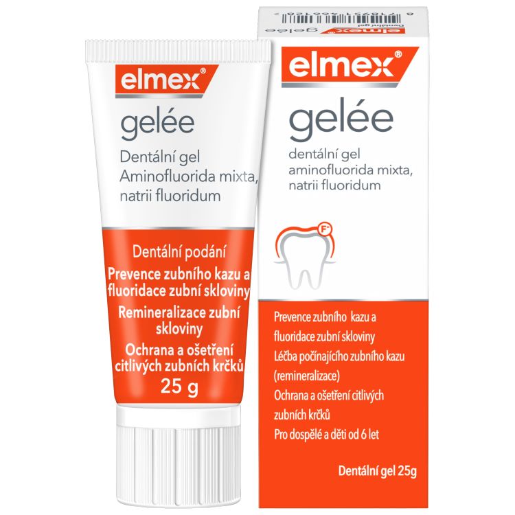 Tuba a obal zubního gelu elmex s aminofluoridem pro prevenci zubního kazu.