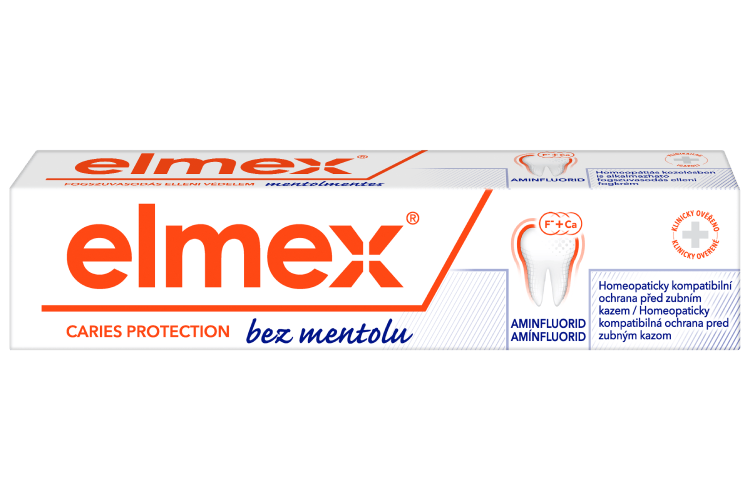Balíček zubní pasty elmex s ochranou proti zubnímu kazu bez obsahu mentolu.