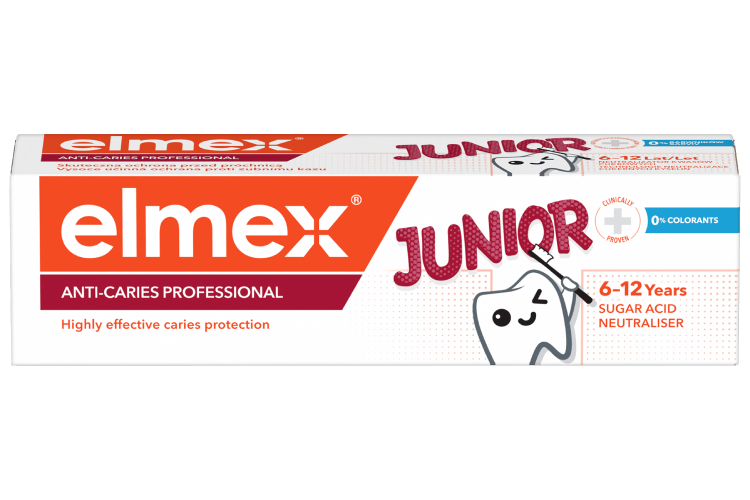 Balíček zubní pasty elmex Junior pro děti ve věku 6–12 let s ochranou proti zubnímu kazu.