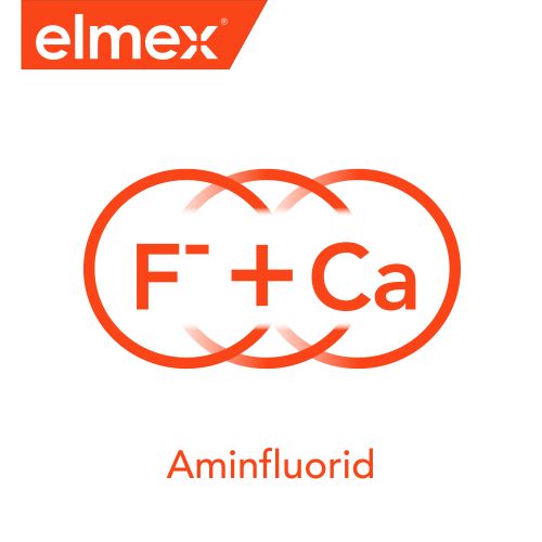 Logo zubní péče elmex s chemickými symboly fluoru a vápníku, reprezentující složení Aminfluoridu.