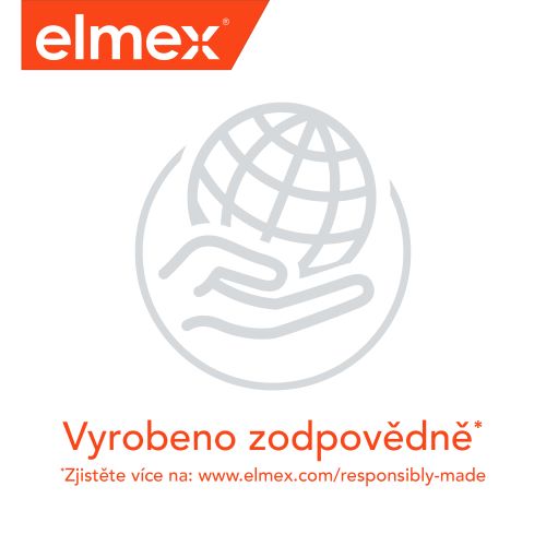 Logo zubní péče elmex se symbolem udržitelného růstu symbolizovanou globem v dlaních a českým sloganem „Vyrobeno zodpovědně“.