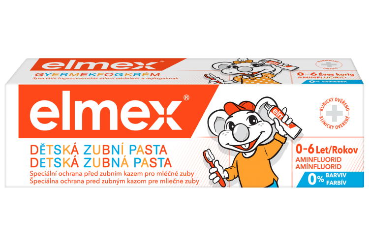 Balíček dětské zubní pasty elmex s obrázkem roztomilého kresleného zvířátka a označením pro děti ve věku 0 až 6 let.