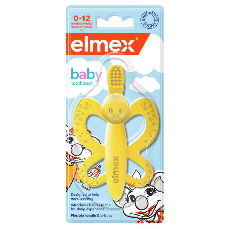 Dětský zubní kartáček elmex pro děti od 0 do 12 měsíců s flexibilní rukojetí.
