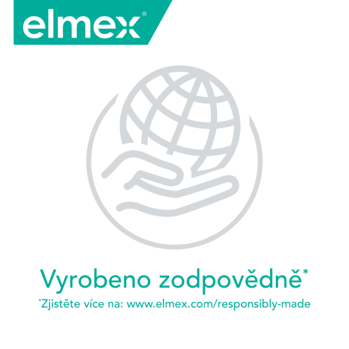 Logo značky elmex s mottem „Vyrobeno zodpovědně“.