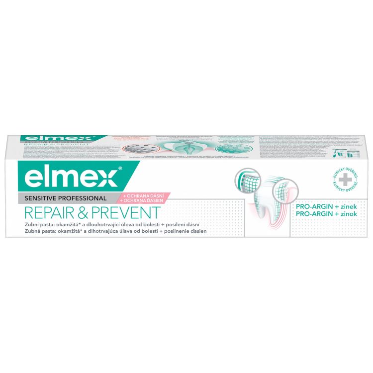 Obal zubní pasty elmex Sensitive Professional Repair & Prevent s informacemi o ochraně dásní a úlevě od bolesti.