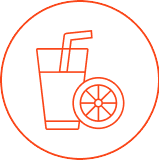 Symbol sklenice s nápojem a brčkem a vedle něj plátek citrónu.