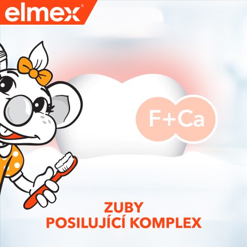 Myška elmex na obrázku spolu s ilustrací zoubku a popisem: zuby posilující komplex