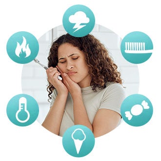 Žena trpící bolestí zubů obklopená symboly bolesti.