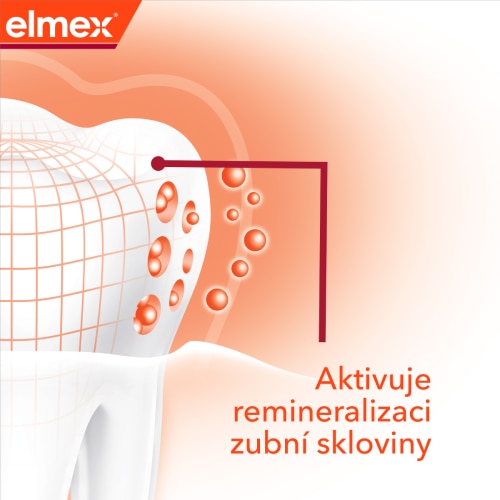 Ilustrace zubu popisující proces aktivace remineralizace zubní skloviny 
