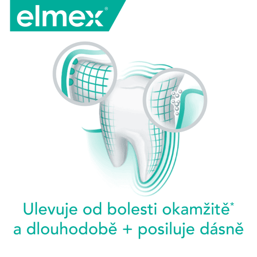 Reklamní obrázek zubu s ochrannou mřížkou představující účinky zubní pasty elmex pro okamžitou úlevu od bolesti a posílení dásní.