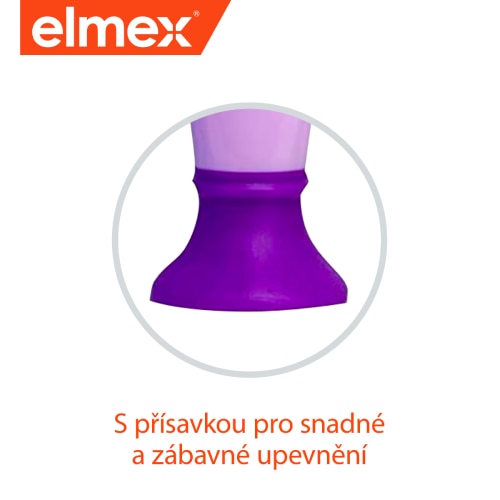 Fialový držák kartáčku elmex s přísavkou.