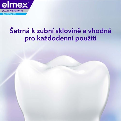 Detail zářícího čistého zubu s textem: Šetrná k zubní sklovině a vhodná pro každodenní použití.