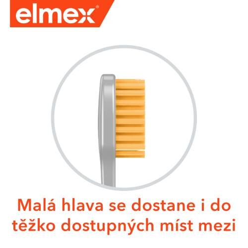 Infografika zobrazující zubní kartáček s nápisem „Malá hlava se dostane i do těžko dostupných míst mezi“