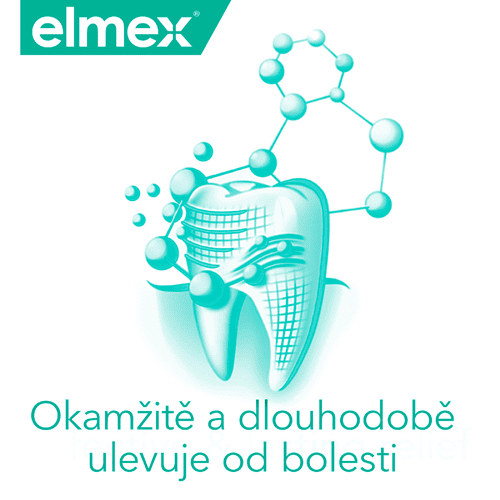Reklamní grafika zubu obklopeného ochrannou sítí s molekulami, symbolizující ochranu proti bolesti.
