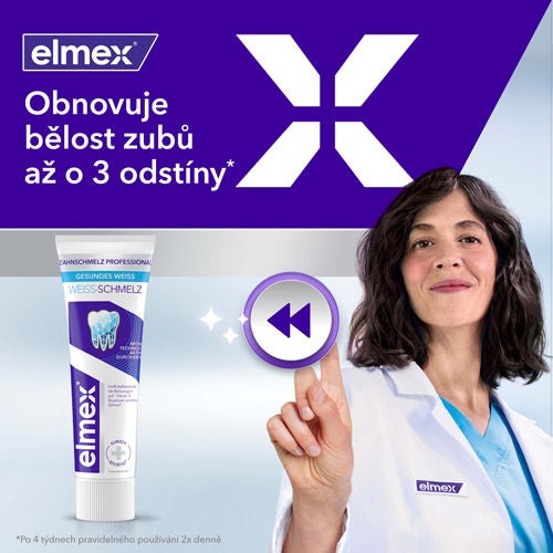 Zubní pasta elmex Enamel Professional Healthy White s textem: Obnovuje bělost zubů až o 3 odstíny po 4 týdnech používání.