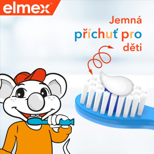 Myška elmex čistící si zuby spolu se zubním kartáčkem a zubní pastou na obrázku s popisem: jemná příchuť pro děti