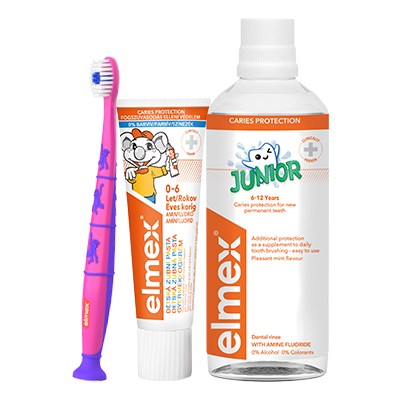 Dětská zubní pasta a ústní voda elmex Junior pro ochranu před zubními kazem.