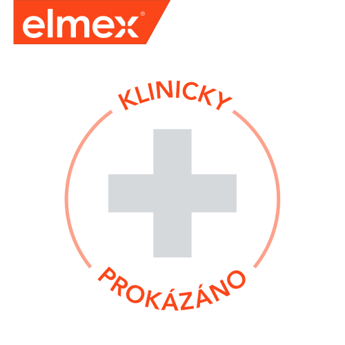 Logo elmex s textem „Klinicky prokázáno“ a zdravotnickým křížem.