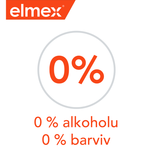 Logo elmex s nápisem 0 % Alkoholu a 0 % barviv.