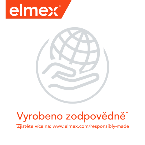 Logo zubní péče elmex se symbolem odpovědné výroby.