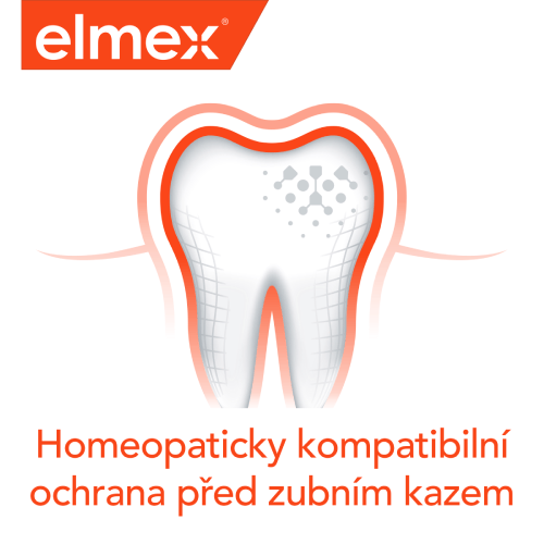 Logo zubní pasty elmex nad grafickým zobrazením zubu s ochranným štítem a textem „Homeopaticky kompatibilní ochrana před zubním kazem“.