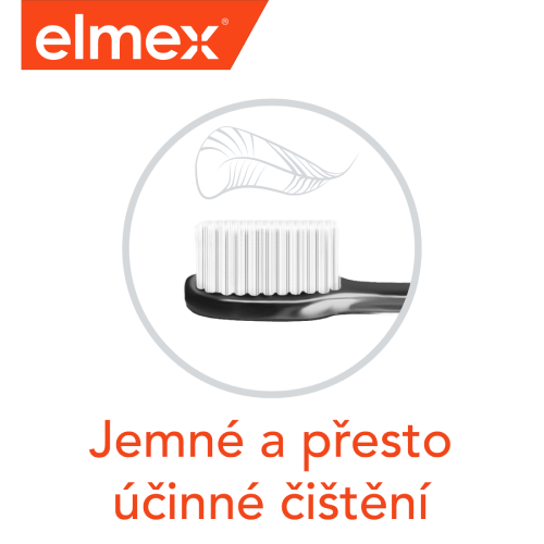 Zubní kartáček elmex s jemnými vlákny pro účinné čištění.