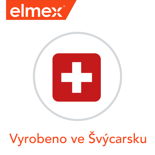 Logo značky elmex se švýcarskou vlajkou a nápisem „Vyrobeno ve Švýcarsku“.