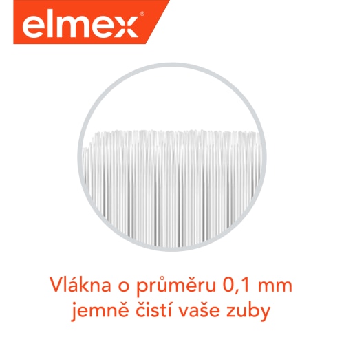 Popis kartáčku elmex s vlákny o průměru 0,1 mm pro jemné čištění zubů.