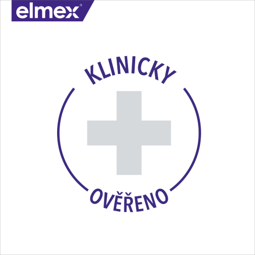 Logo značky elmex s textem „Klinicky ověřeno“ a symbolem bílého kříže v kruhu.