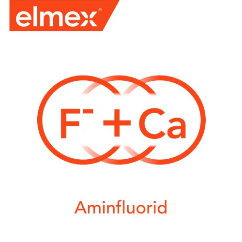 Logo značky elmex se symboly pro fluor (F) a vápník (Ca), které symbolizují aminfluorid.