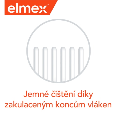 Logo zubních kartáčků elmex s popisem „Jemné čištění díky zakulaceným koncům vláken“
