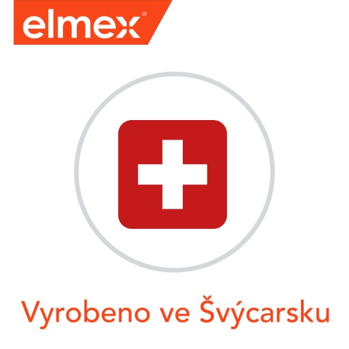 Logo zubní péče elmex se švýcarskou vlajkou a nápisem „Vyrobeno ve Švýcarsku“
