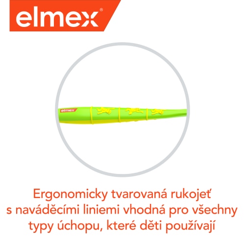 Zubní kartáček elmex s ergonomickou rukojetí a návodnými liniemi.
