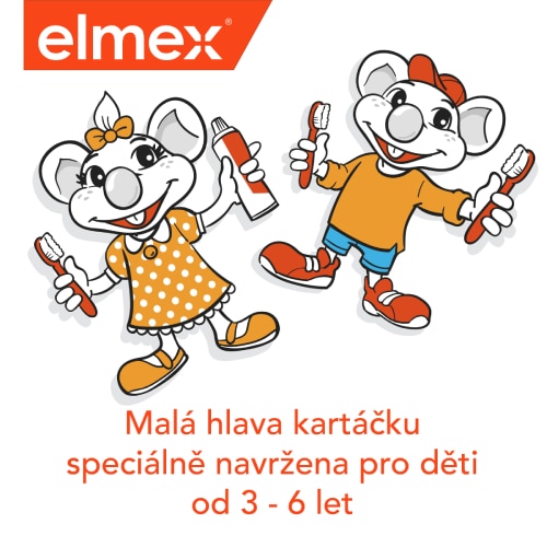 Dvě kreslené myši držící zubní kartáčky, propagující dětské zubní hygienické produkty.