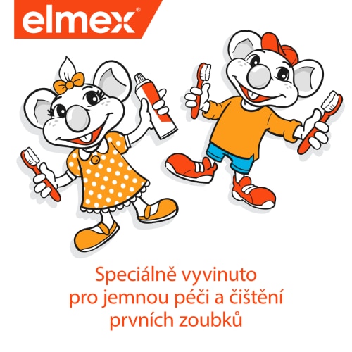 Dvě roztomilé kreslené myši se zubními kartáčky propagující dětskou zubní péči.