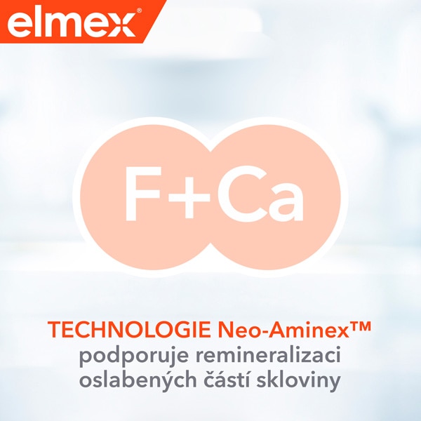 Schéma s „F + Ca“ a textem o technologii Neo-Aminex podporující remineralizaci oslabené skloviny.
