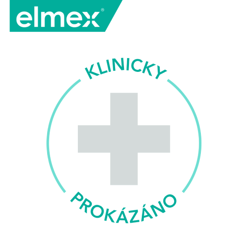 Logo zubní péče elmex s textem „Klinicky prokázáno“.