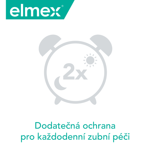 Logo značky elmex s budíkem symbolizujícím doporučené čištění zubů dvakrát denně