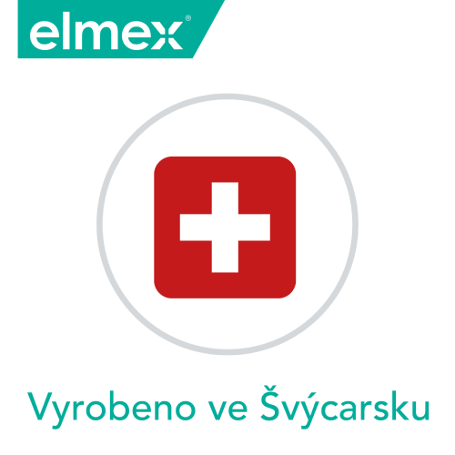 Logo značky elmex se švýcarskou vlajkou a textem: Vyrobeno ve Švýcarsku.